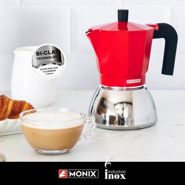 Кавоварка Monix Induction Inox для індукції, алюміній та нержавіюча сталь, 3 чашки, термостійка ручка, підходить для всіх плит, червона
