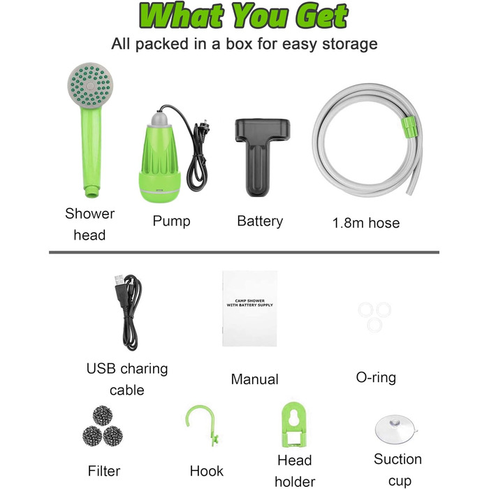 LIBERRWAY Camping Shower Battery Powered Camping Shower Outdoor with Shower Hose and Rechargeable Battery Water Pump for Garden Travel Car Washing (Green)