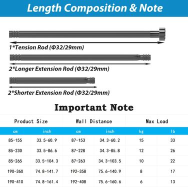 Штанга для душу з нержавіючої сталі, телескопічна, без свердління, 190-410 см, для душу та ванни, білий колір