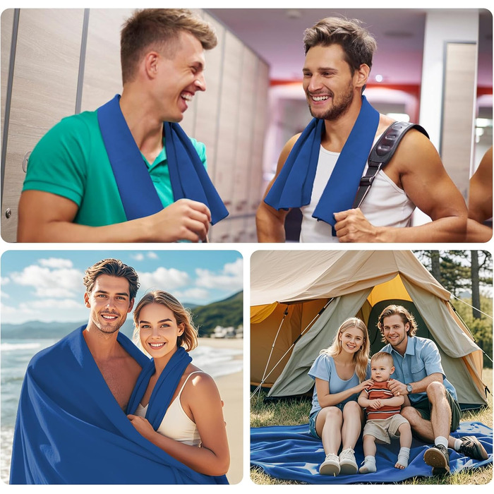 Набір з 3-х рушників з мікрофібри (великий 160x80 см та 2 маленьких 80x40 см), швидковисихаючі рушники для фітнесу та спорту, для пляжу, ванни, спорту та подорожей, темно-синій