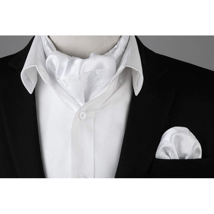 HISDERN Шовковий краватко-шарф чоловічий Paisley для весілля, Ascot, краватка-хустинка, білий, універсальний розмір. Комплект з кишеньковим хустинкою для бізнесу.