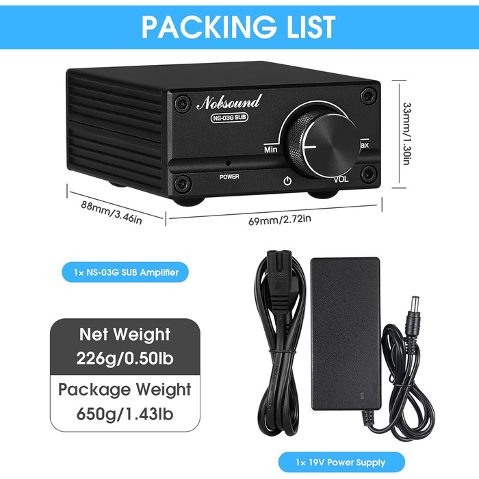 Підсилювач сабвуфера Nobsound 100W, моно, цифровий аудіо підсилювач, міні, чорний, з блоком живлення 19V