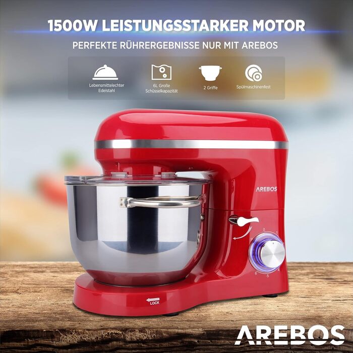 Arebos Kitchen Machine 1500W with 6L Stainless Steel Mixing Bowl | White-Rose Gold | Includes Dough Hook, Beater, Whisk | Splash Guard | 6 Speeds | Stand Mixer | Dough Machine