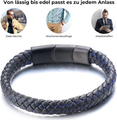 Чоловічий браслет Halukakah Solo з натуральної шкіри, чорний колір, регульований розмір 21.5-23 см, з нержавіючою сталею та шнуром червоно-синього кольору. Безкошовна подарункова коробка.