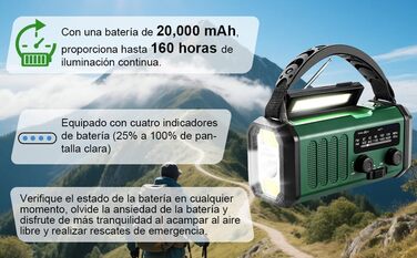 Радіостанція на сонячній енергії з живленням від ручки 20000 mAh з SOS-сигналом, FM/AM, ліхтарик, компас, для кемпінгу та надзвичайних ситуацій (зелене)