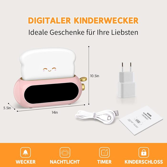 Kids Alarm Digital Clock, Children's Alarm Clock with Night Light, LED Display, 10 Ring Tones, 5 Brightness Levels, Timer, Snooze Function, Light Alarm Clock for School Beginners Girls Boys, Plug-in Power Adapter