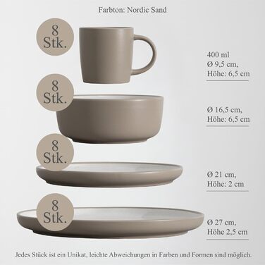 Сервіз Hausfelder на 8 осіб (32 елементи) з порцеляни – тарілки, миски, чашки – набір посуду, стійкий до миття в посудомийній машині, сучасний бежевий (Nordic Sand), 32-елементний набір