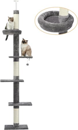 Комплекс для котів PAWZ Road, 5-ярусний, від підлоги до стелі, регульована висота, багатофункціональний: кігтеточка, ліжко, іграшка-кулька (сірий)