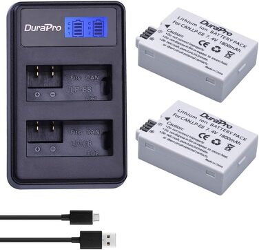 Акумулятор DuraPro LP-E8 для Canon (2 шт.) + LED USB зарядний пристрій; сумісний з EOS 550D, 700D, 600D, 650D, Rebel T2i T3i T4i T5i, Kiss X4 X5 X6i X7i DSLR