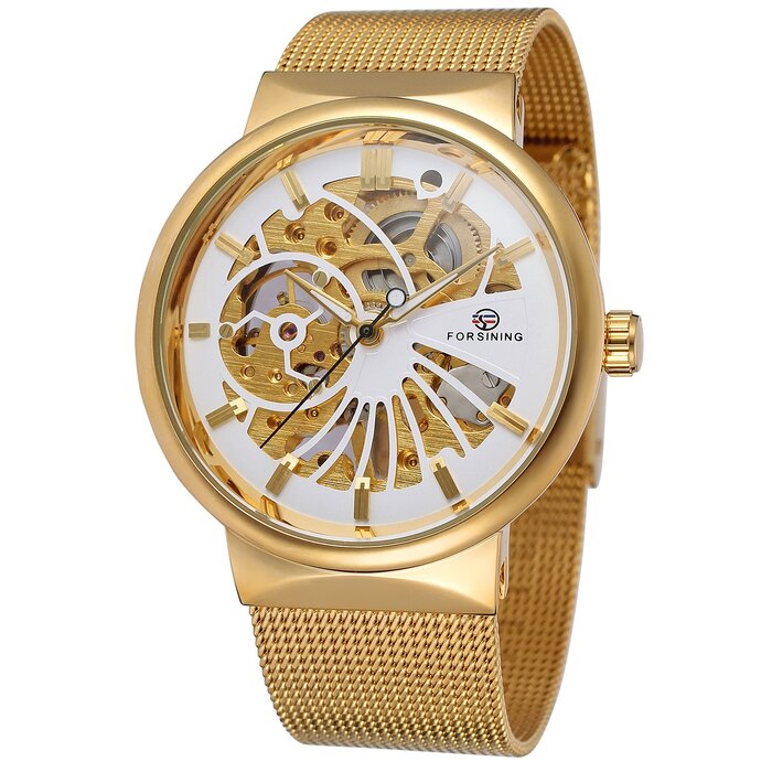 Чоловічий механічний годинник FORSINING з тонким корпусом та сталевим браслетом Skeleton