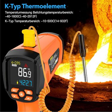 Інфрачервоний термометр MESTEK для вимірювання температури -40°C до 1600°C з K-зондом, лазерний, LCD, з сигналізацією, для кухні, промисловості, HVAC