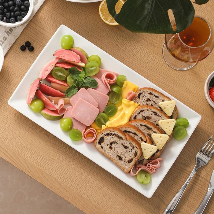 DOWAN Rectangular Serving Platter, Porcelain 35.6 x 20.3 cm, Rectangular Porcelain Plates, Dinner Plates for Meat, Fish, Sushi, Dish, etc. Natural White, 3 Pieces