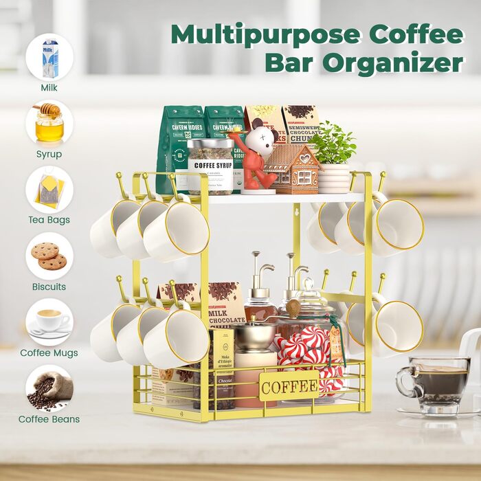 EsLuker.ly 2-Tier Mug Holders and Cup Stands, Mug Shelf for Coffee Cups, Coffee Organizer for Countertop, Coffee Station Organizer with Mug Holder, Vintage Brown-Black (14