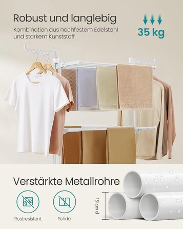 SONGMICS Сушарка для білизни на коліщатках, 4 яруси, розкладна, 63,5 x 128 x 173 см, білий, LLR701W03