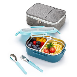 Ланчбокс Lille Home Bento з нержавіючої сталі, 850 мл, 2 відділення, витікання, з сумкою та столовими приборами, BPA-free (Світло-блакитний)