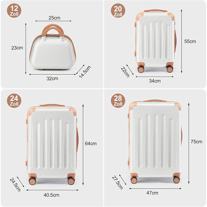 Набір валіз LALAHO 4 шт. з косметичками, з ABS пластику, рожеве золото (бежево-коричневий, смужки)