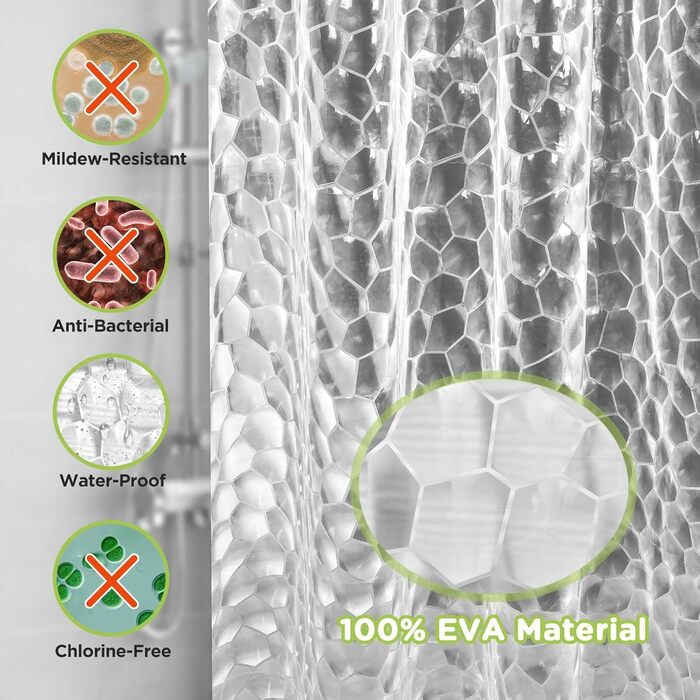 Шторка для душу OTRAKI 200 x 200 см, антигрибкова, EVA, прозора, PVC-free, екологічна, з кільцями, водонепроникна, напівпрозора, 12 кілець