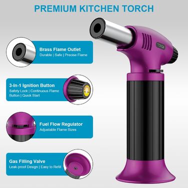 Наповнюваний пальник для крем-брюле, міні-пальник з безпечним затвором та регульованим полум'ям для десертів, BBQ, фіолетово-чорний