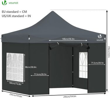 VOUNOT Gazebo 3x3m Waterproof, Stable, Winter-Proof, Pop-Up Folding Gazebo with 4 Side Walls and 4 Sandbags, Party Gazebo, Folding Garden Tent, Party Tent, (Grey)