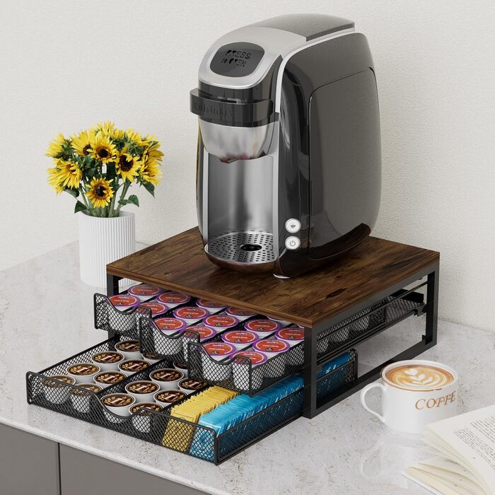 Диспенсер для кавових капсул K-Cup на стійку, дерев'яний органайзер для кави з 3 висувними ящиками (Антик)