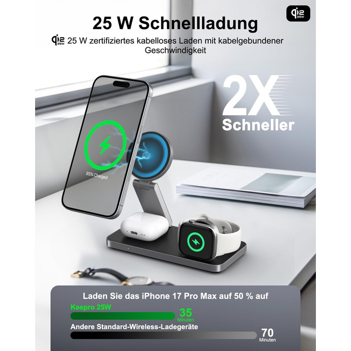Бездротовий зарядний пристрій 25W MagSafe 3-в-1 для iPhone 17e/17/16/15/14/13/12/Air, Apple Watch та AirPods Pro - чорний