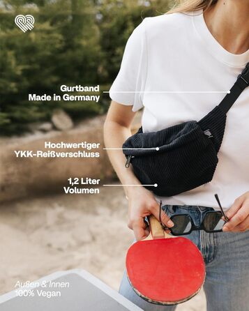 Чоловіча/Жіноча поясна сумка PP-Berlin чорного кольору з трьома відділеннями, ручної роботи, веганська, Made in Germany, для повсякденного використання та відпочинку