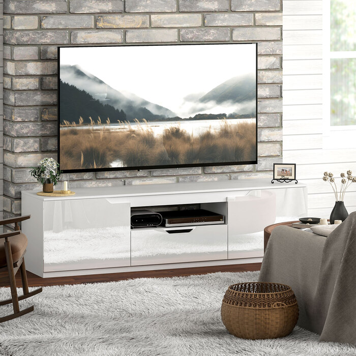 HOMCOM TV Stand with High-Gloss Finish, Holds TVs up to 65'', 3 Shelves, 1 Drawer, 160 x 38 x 43 cm, White