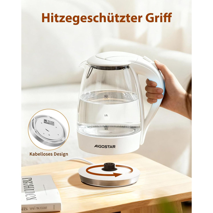 Електричний чайник Aigostar 1.7 л, 2200 Вт, зі скляною колбою, LED-підсвічуванням, без BPA, з фільтром від накипу, чорний (Eve)