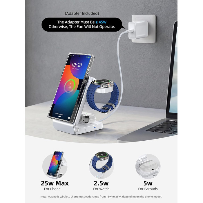 Магнітна бездротова зарядка Samsung з активним охолодженням 3-в-1 для Galaxy S26 Ultra, Watch 8 та Buds 4. Складана Qi зарядка для Android (Біла)