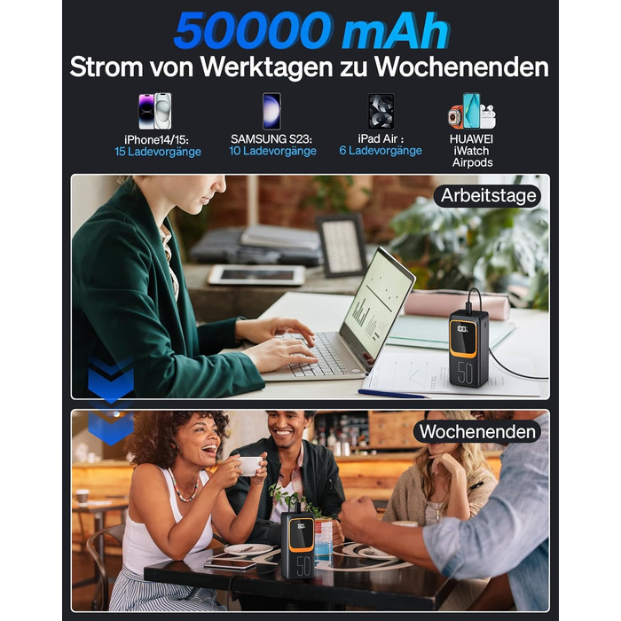 Портативний зарядний пристрій Power Bank 50000 mAh з вбудованим кабелем: швидка зарядка 22,5W, велика ємність, LED-ліхтарик, 7 виходів & 3 входи, чорний