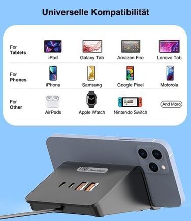 Багатопортова USB зарядка POANES 25W: зарядний станція на 4 порти для iPhone, Samsung, LG, Huawei та інших пристроїв (чорний/сірий)