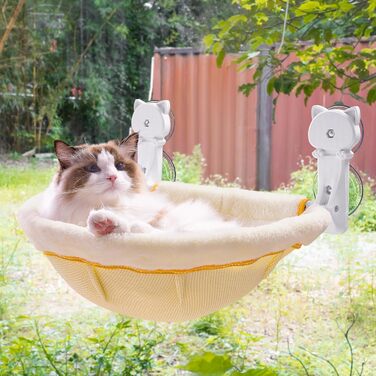 Window perch for cats, foldable & stable cat beds - Breathable cat window hammock for monitoring, sunbathing and climbing - holds up to 18kg maximum (faux fur rabbit, cream)