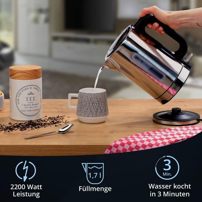 Електричний чайник KHG WK-1702 ES з нержавіючої сталі, 1,7 л, фільтр від накипу, індикатор рівня води, відкривання кнопкою, захист від сухого кипіння, автоматичне відключення, прихований нагрівальний елемент, BPA-free, 2200 Вт