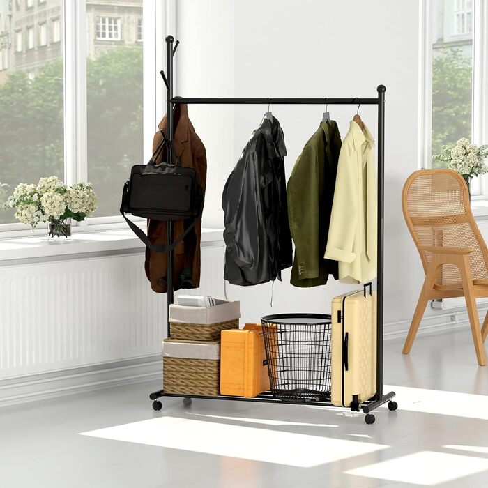Clothes Rack Garment Rack Portable - Rolling Clothes Rack with Bottom Shelf (Black)