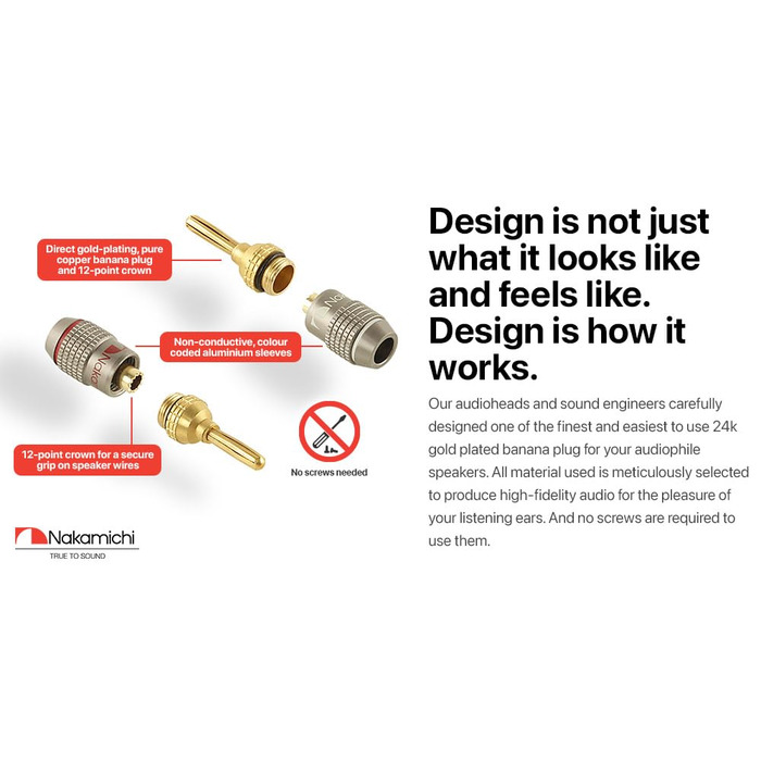 З'єднувачі банани Nakamichi FanLock Excel-Serie 24K, 10-18 AWG, 4 мм, для аудіокабелів, 4 шт. (2 пари)