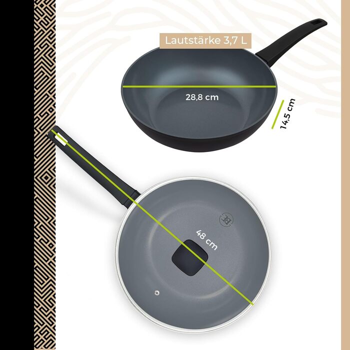 Набір сковорідок Be Living Delight 4 шт. (20/24/28 см + Вок 28 см з кришкою), антипригарне покриття кераміка, для індукційних плит, без PTFE та PFOA, чорний