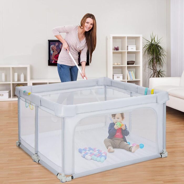 COSTWAY 124 x 124cm Baby Playpen, foldable, portable playard with 50 balls, 4 handles, locking function, crawling gate with net walls & door, playpen tent for infants & children (Light Grey)