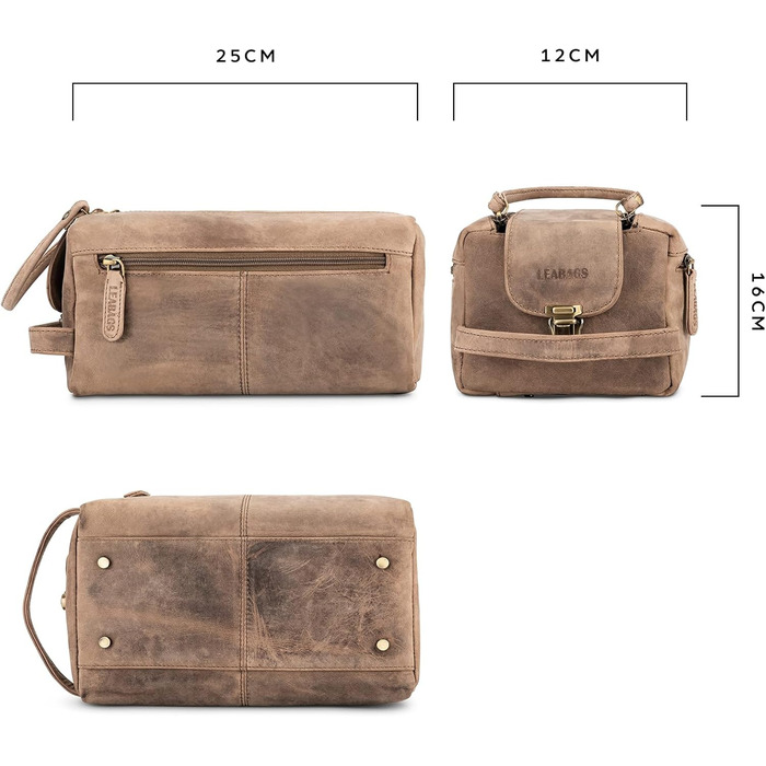 LEABAGS Преміум дорожній косметичний набір з натуральної шкіри для жінок та чоловіків | Культиватор | Vanity Case | Мийний мішечок (Palm Bay, Вінтажний сіро-коричневий)