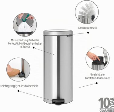 Сміттєвий відер Brabantia з педаллю та внутрішнім пластиковим відром, сталь, Matt Steel, 30 л