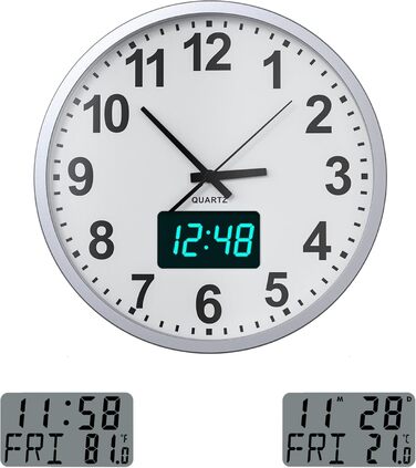 KWANWA Modern Wall Clock • Silent Operation (No Ticking) • Digital LCD/LED Display • Calendar & Temperature • Battery Powered • 30.5cm • 12-Hour Format, Perfect for Kitchen, Bedroom & Office