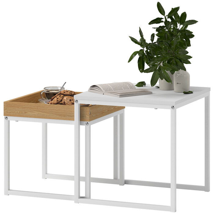 HOMCOM 2-Piece Couch Table Set, Square Side Table, Coffee Table with Steel Frame, Sofa Table in Modern Design, for Living Room, Holds up to 30 kg, White+Oak | Aosom