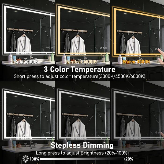 Дзеркало для ванної кімнати 50x70 см з підсвічуванням LED, антизапарник, диммер, 3 кольори світла