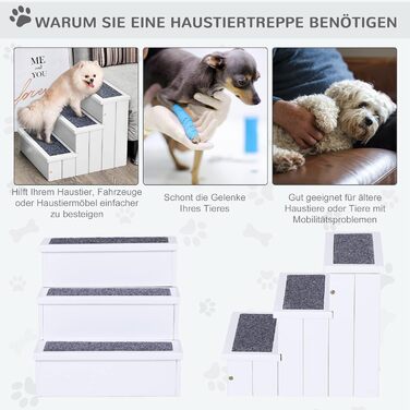 PawHut Pet Stairs 3 Steps Cat Stairs Pet Stairs Dog Stairs for Dogs and Cats Pet Stair Entry Aid with Carpet Storage for Sofa Bed Fir Wood 40.5 x 44.5 x 38 cm (White)