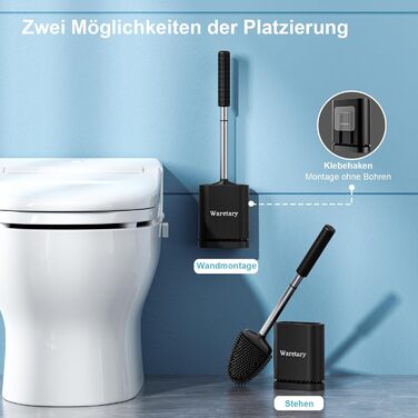 Щітка для унітазу Waretary з силіконовою щетиною та тримачем з нержавіючої сталі, гнучкий наконечник для глибокого очищення, швидковисихаюча, для кріплення на стіні або встановлення на підлогу, чорний