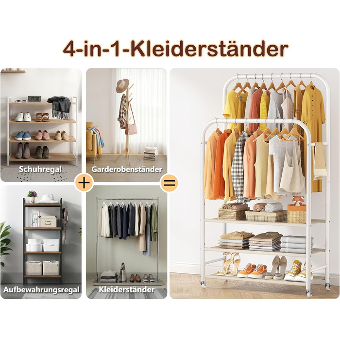 Вішалка для одягу HOMIDEC з 3 полицями, подвійна штанга на колесах, металевий каркас, біла - до 80 кг