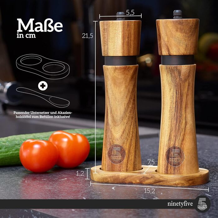 ninetyfive® Wooden Pepper Mill Set | Salt and Pepper Mills + Acacia Wood Coaster and Funnel Spoon | Spice Grinders with Ceramic Grinder (21cm) | High-Quality Gift Packaging