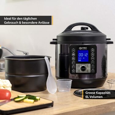 TZS First Austria Electric Pressure Cooker 6L | Multi-Cooker | 12 Programs Pressure Cooker | Rice Cooker | Steamer with Keep Warm Function, Grey-Black Stainless Steel Grey/Black