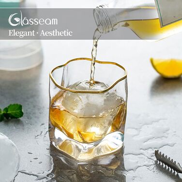 Набір склянок для віскі з нерівними гранями, 2 шт. Об'єм 250 мл. Стильні келихи для скотчу, бурбону, рому. Ідеальний подарунок для тата, чоловіка, друзів. Золотий край, прозорі.