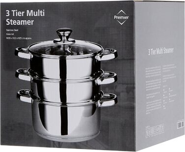 Паровар Premier Housewares з нержавіючої сталі, скляною кришкою, 28 x 22 x 25 см, сріблястий