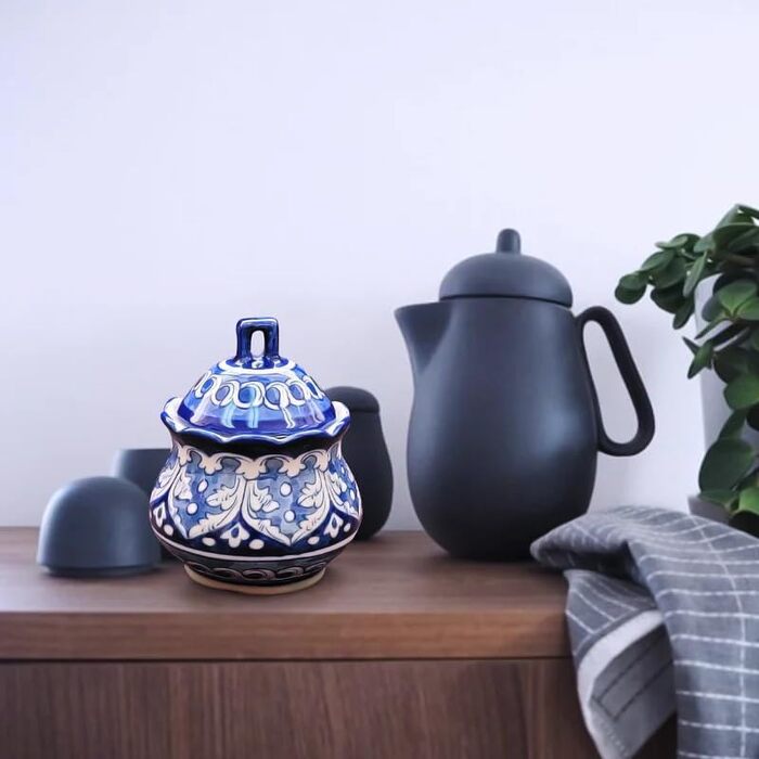 Blue Pottery Sugar Bowl – Hand-formed and painted, ceramic, handcrafted, floral pattern, 6 cm